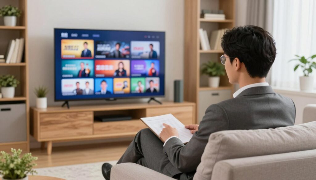 Generate an image of a person browsing through different entertainment options on their TV. Generate an image of a person browsing through different entertainment options on their TV.