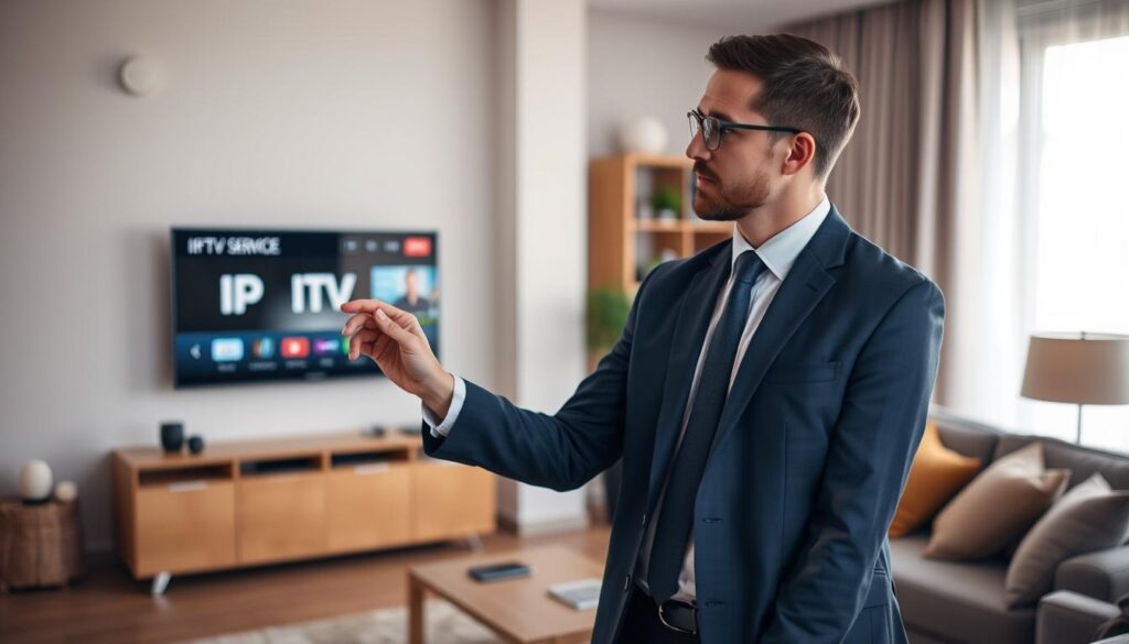 Generate an image of a person choosing an IPTV service on their TV Generate an image of a person choosing an IPTV service on their TV