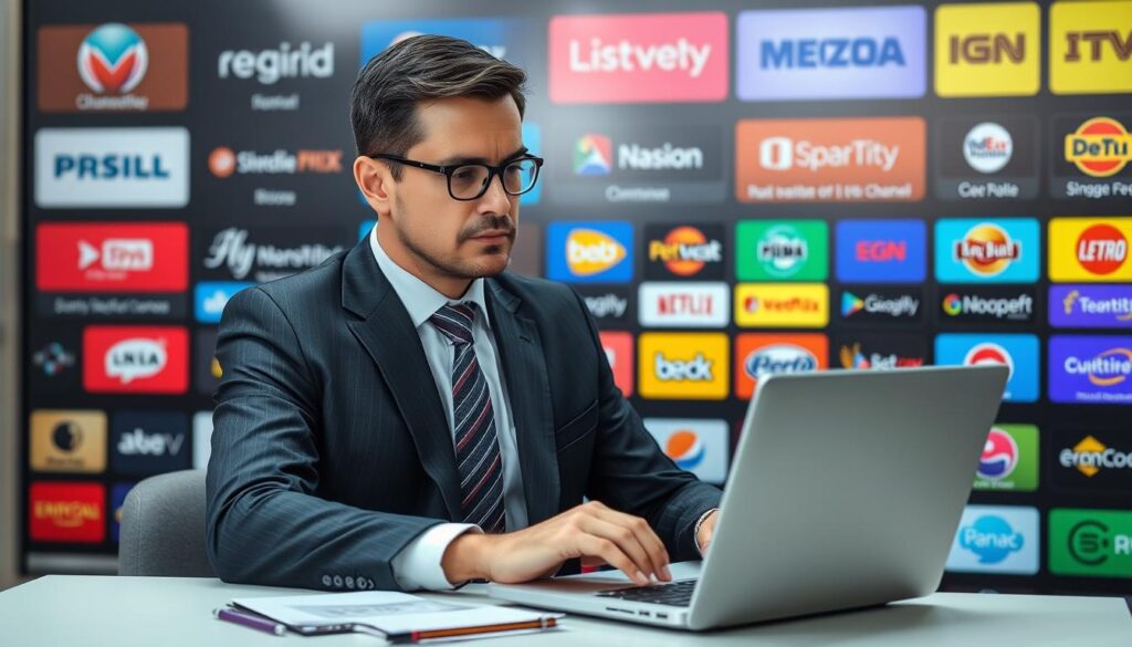Generate an image of a person choosing from various IPTV subscription packages on their laptop, with different channel logos in the background. Generate an image of a person choosing from various IPTV subscription packages on their laptop, with different channel logos in the background.