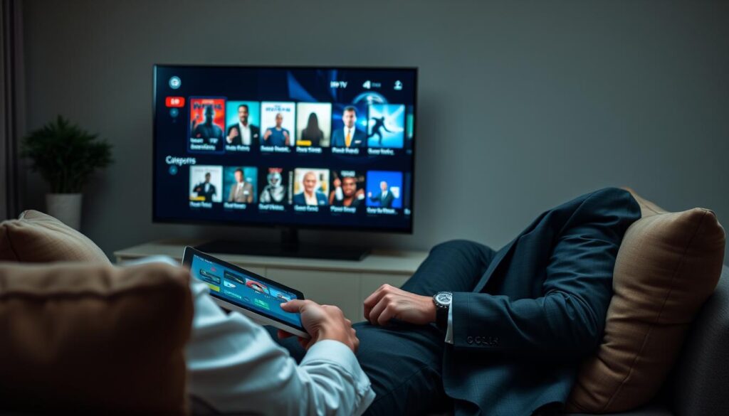 Generate an image of a person comfortably seated on a couch, using a tablet to navigate through an IPTV interface with various movie and sports categories. Generate an image of a person comfortably seated on a couch, using a tablet to navigate through an IPTV interface with various movie and sports categories.