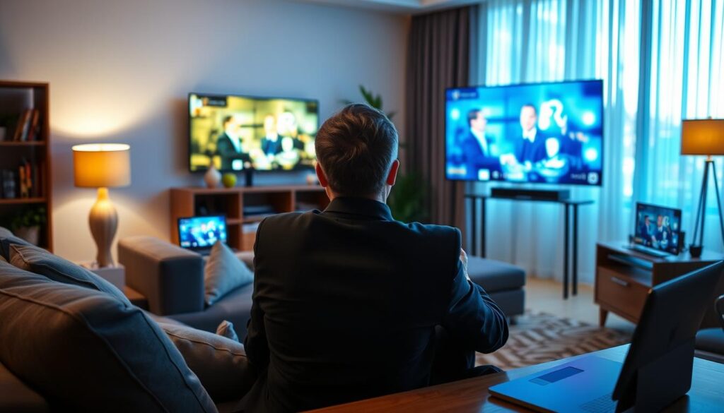 Generate an image of a person comfortably watching their favorite show on multiple devices using TiVistation. Generate an image of a person comfortably watching their favorite show on multiple devices using TiVistation.