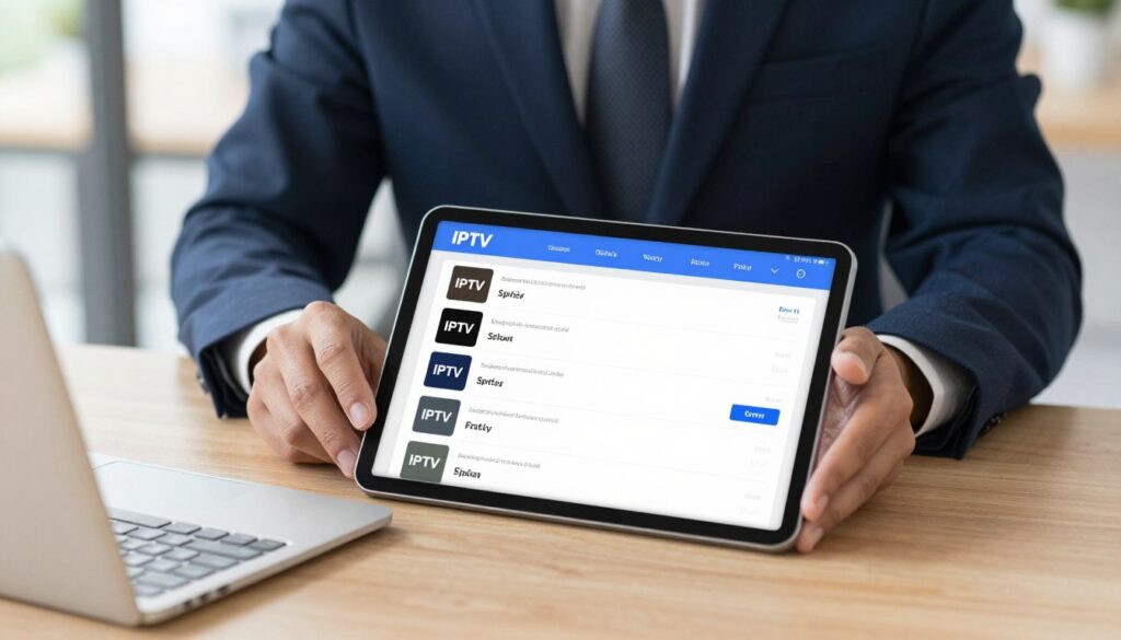 Generate an image of a person comparing different IPTV service plans on a tablet. Generate an image of a person comparing different IPTV service plans on a tablet.