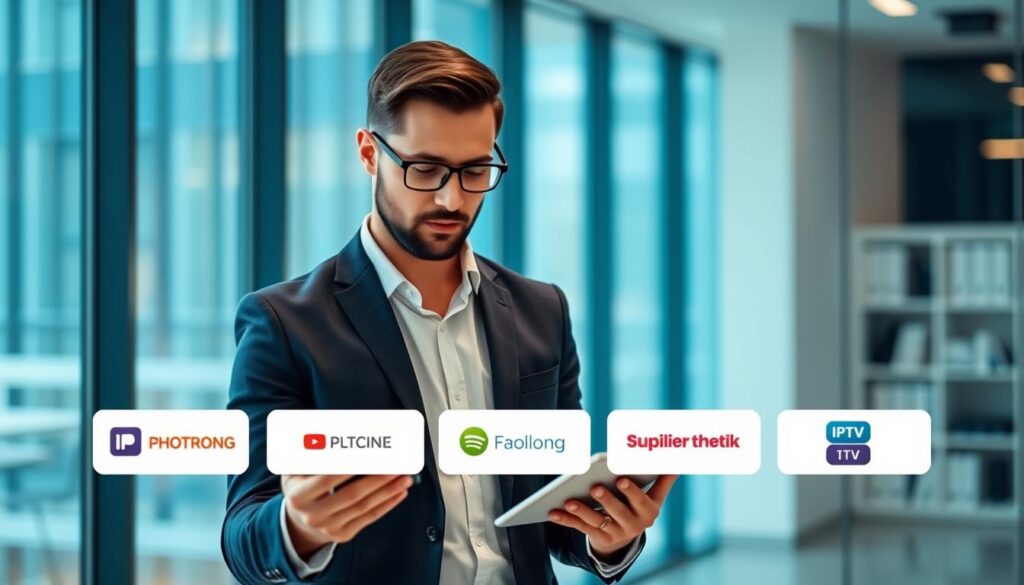 Generate an image of a person comparing different IPTV services on a tablet. Generate an image of a person comparing different IPTV services on a tablet.