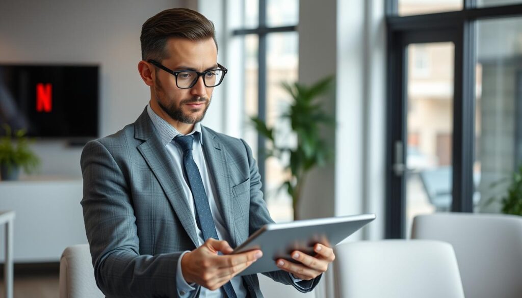 Generate an image of a person comparing different Netflix IPTV pricing plans on a tablet Generate an image of a person comparing different Netflix IPTV pricing plans on a tablet