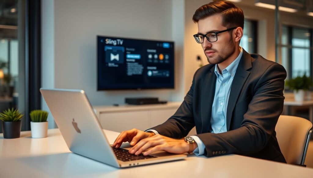 Generate an image of a person configuring their Sling TV package on their laptop. Generate an image of a person configuring their Sling TV package on their laptop.