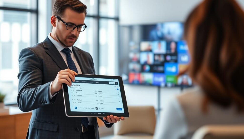 Generate an image of a person customizing their IPTV subscription on a tablet Generate an image of a person customizing their IPTV subscription on a tablet