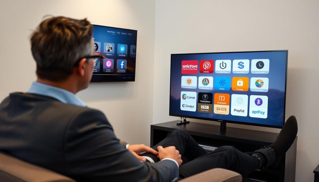Generate an image of a person easily navigating through Sonix IPTV's interface on their TV screen. Generate an image of a person easily navigating through Sonix IPTV's interface on their TV screen.