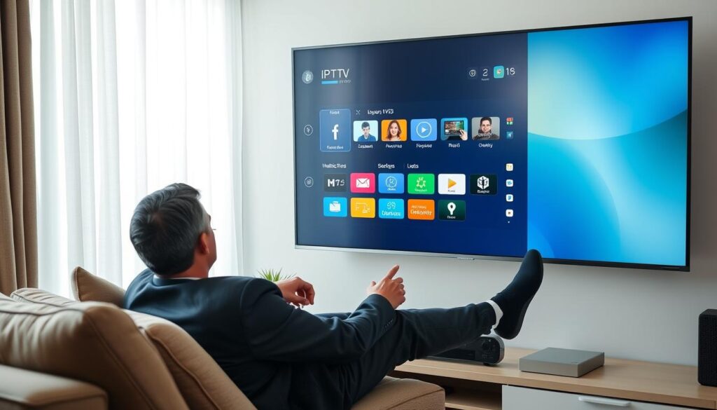 Generate an image of a person easily navigating through an IPTV interface on their TV. Generate an image of a person easily navigating through an IPTV interface on their TV.