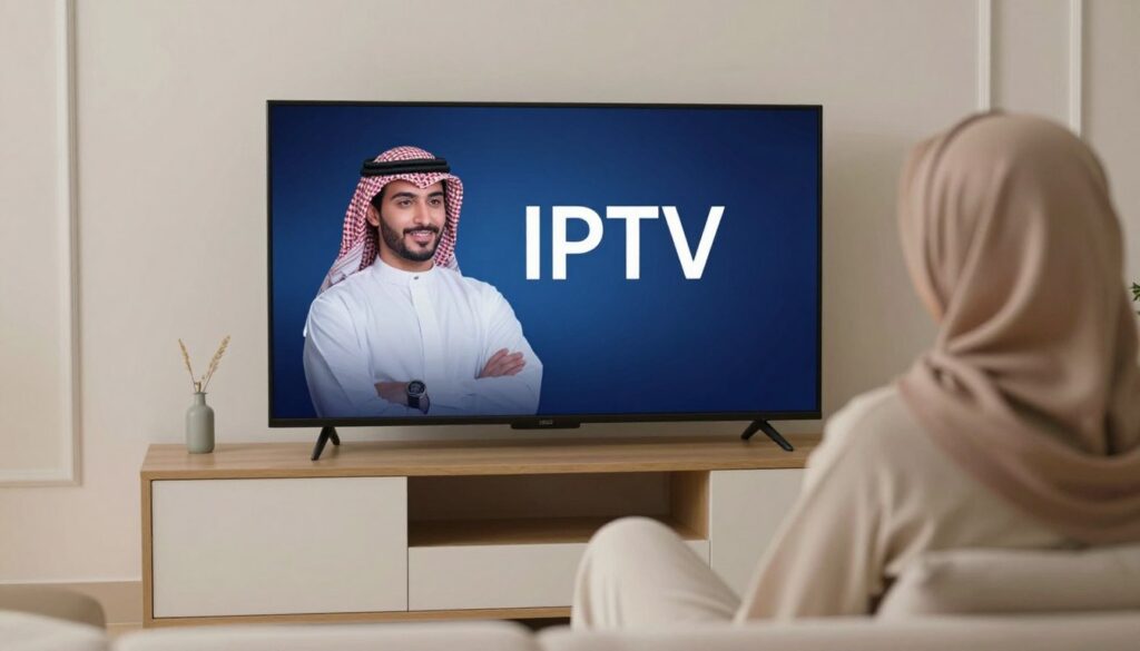 Generate an image of a person enjoying Arabic IPTV on a smart TV Generate an image of a person enjoying Arabic IPTV on a smart TV