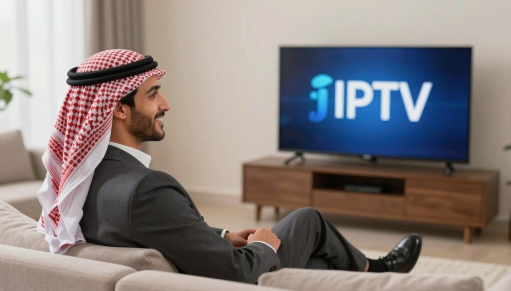 Generate an image of a person enjoying Arabic IPTV on a smart TV with a satisfied expression. Generate an image of a person enjoying Arabic IPTV on a smart TV with a satisfied expression.