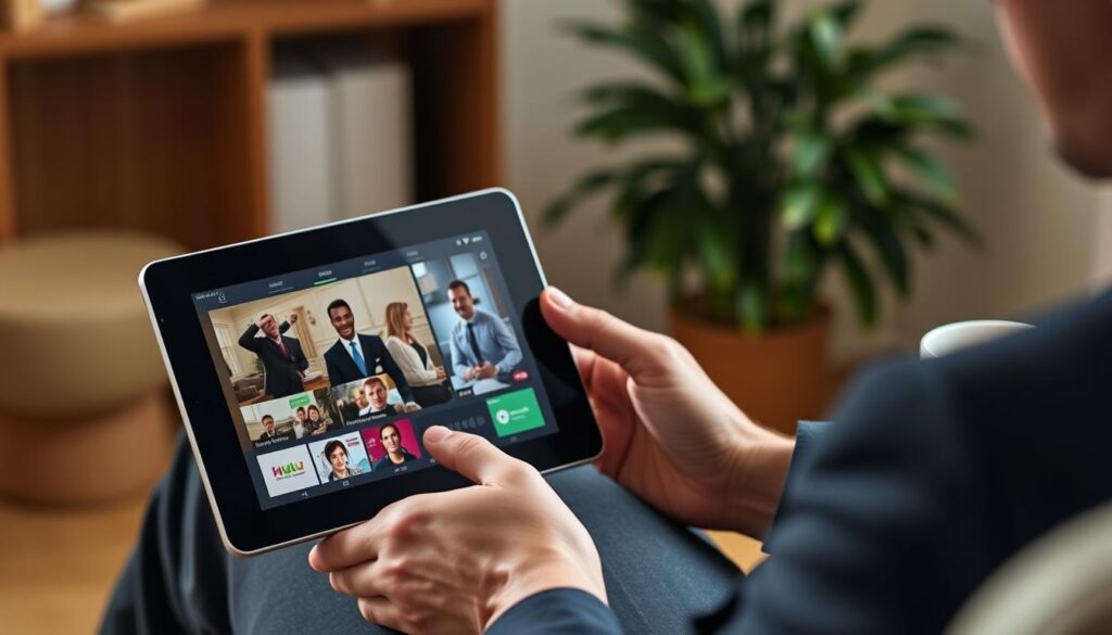 Generate an image of a person enjoying Hulu + Live TV on their tablet, with a coffee cup nearby. Generate an image of a person enjoying Hulu + Live TV on their tablet, with a coffee cup nearby.