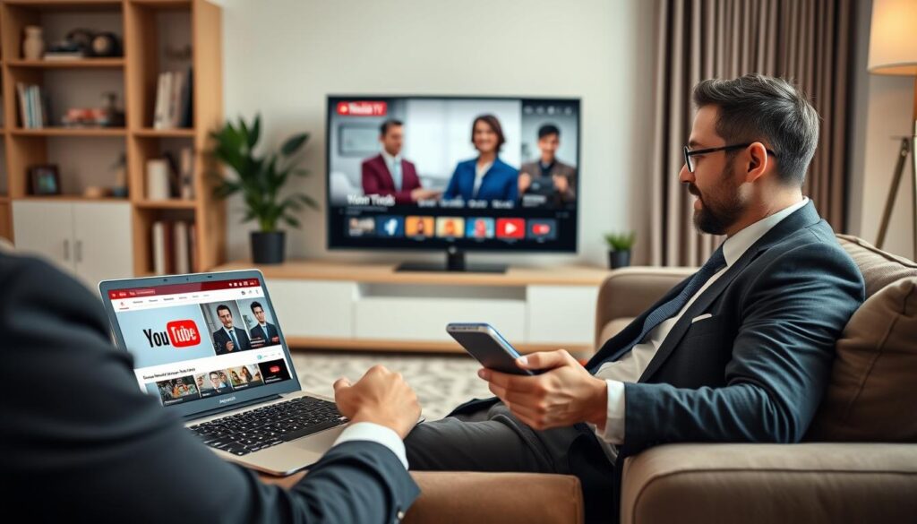 Generate an image of a person enjoying YouTube TV on multiple devices. Generate an image of a person enjoying YouTube TV on multiple devices.