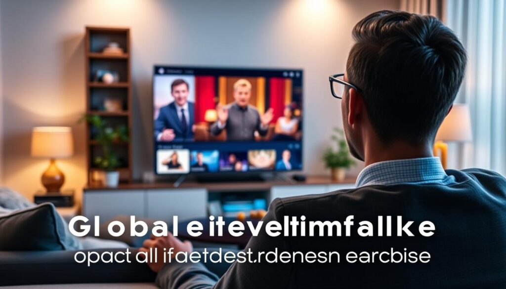 Generate an image of a person enjoying a crystal-clear movie on their device, emphasizing the global entertainment package offered by Tellystudio. Generate an image of a person enjoying a crystal-clear movie on their device, emphasizing the global entertainment package offered by Tellystudio.