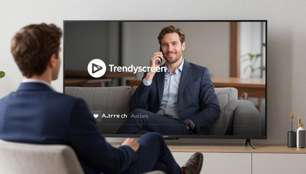 Generate an image of a person enjoying a seamless streaming experience on their TV with Trendyscreen's logo in the corner. Generate an image of a person enjoying a seamless streaming experience on their TV with Trendyscreen's logo in the corner.