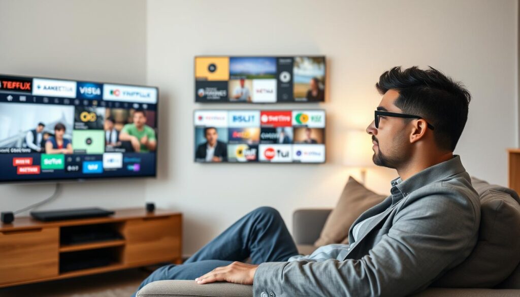 Generate an image of a person enjoying a variety of international channels and on-demand content on their TV. Generate an image of a person enjoying a variety of international channels and on-demand content on their TV.