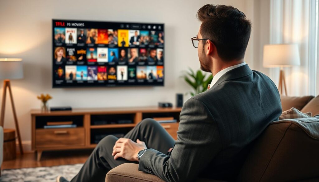 Generate an image of a person enjoying a vast library of movies and TV series on their TV, with a cozy living room background. Generate an image of a person enjoying a vast library of movies and TV series on their TV, with a cozy living room background.