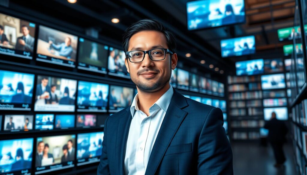 Generate an image of a person enjoying a vast library of on-demand content. Generate an image of a person enjoying a vast library of on-demand content.