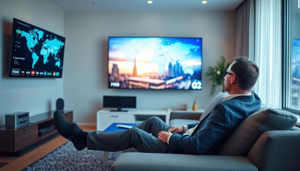 Generate an image of a person enjoying global entertainment on their TV with zero buffering. Generate an image of a person enjoying global entertainment on their TV with zero buffering.