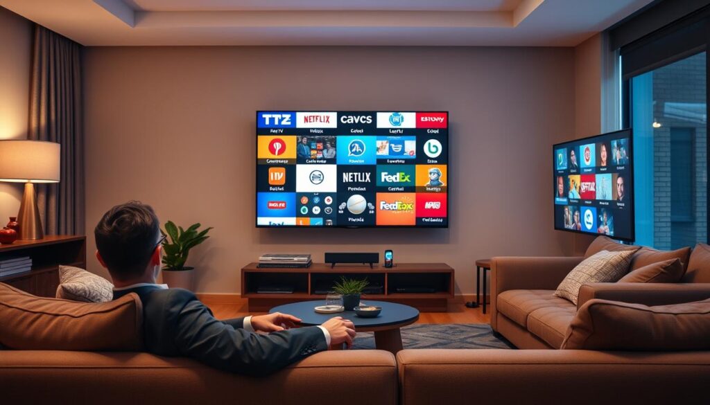 Generate an image of a person enjoying multiple TV channels on a big screen Generate an image of a person enjoying multiple TV channels on a big screen