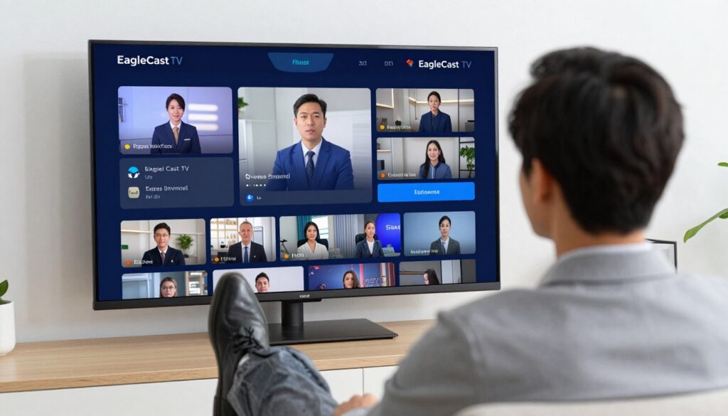 Generate an image of a person enjoying multiple TV channels simultaneously on a single screen with EagleCast TV. Generate an image of a person enjoying multiple TV channels simultaneously on a single screen with EagleCast TV.