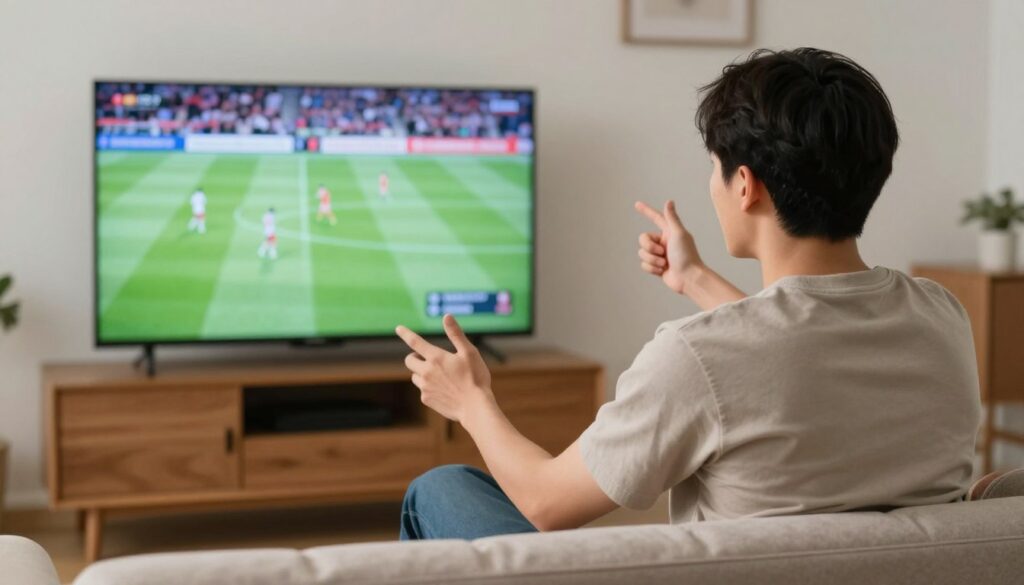 Generate an image of a person enjoying sports and PPV events on TV. Generate an image of a person enjoying sports and PPV events on TV.