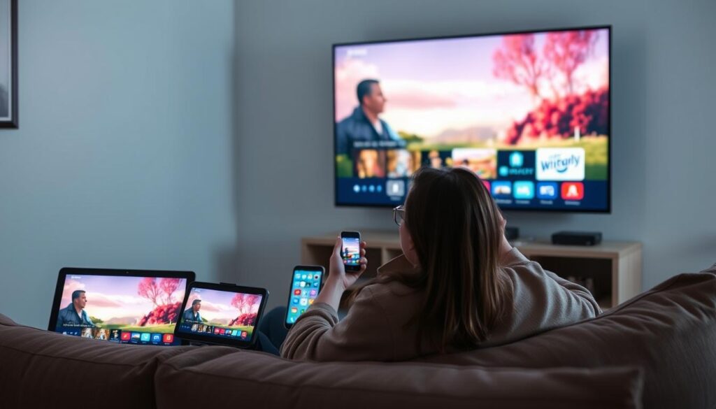 Generate an image of a person enjoying their favorite Netflix show on a big screen TV with multiple devices connected to an IPTV service. Generate an image of a person enjoying their favorite Netflix show on a big screen TV with multiple devices connected to an IPTV service.
