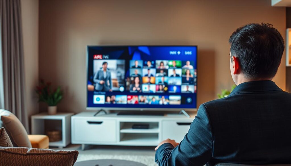 Generate an image of a person enjoying their favorite TV show in 4K on their Smart TV, courtesy of XCodes IPTV. Generate an image of a person enjoying their favorite TV show in 4K on their Smart TV, courtesy of XCodes IPTV.