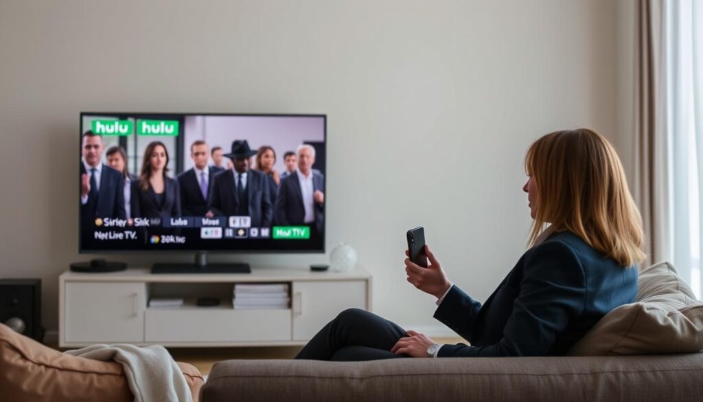 Generate an image of a person enjoying their favorite TV show on Hulu + Live TV on a smart TV. Generate an image of a person enjoying their favorite TV show on Hulu + Live TV on a smart TV.