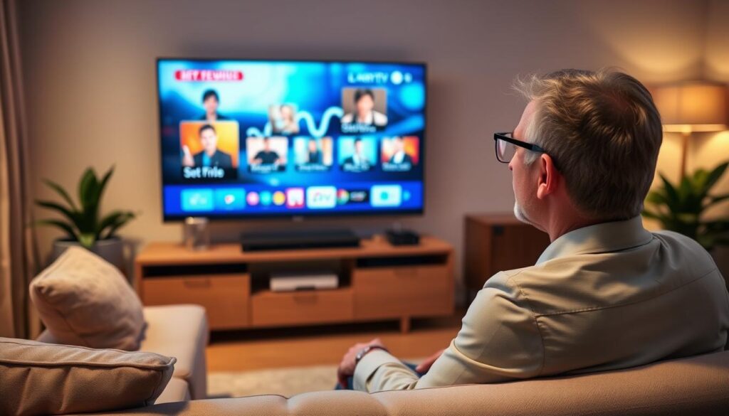 Generate an image of a person enjoying their favorite TV show on a 4K smart TV using Aroma IPTV Generate an image of a person enjoying their favorite TV show on a 4K smart TV using Aroma IPTV