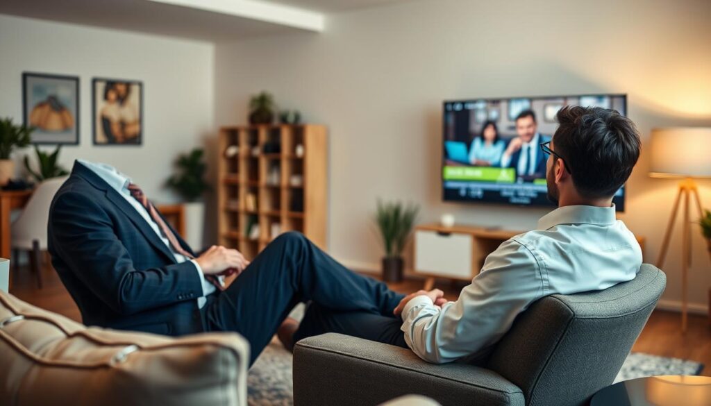 Generate an image of a person enjoying their favorite TV show on a large screen with a stable and clear connection. Generate an image of a person enjoying their favorite TV show on a large screen with a stable and clear connection.