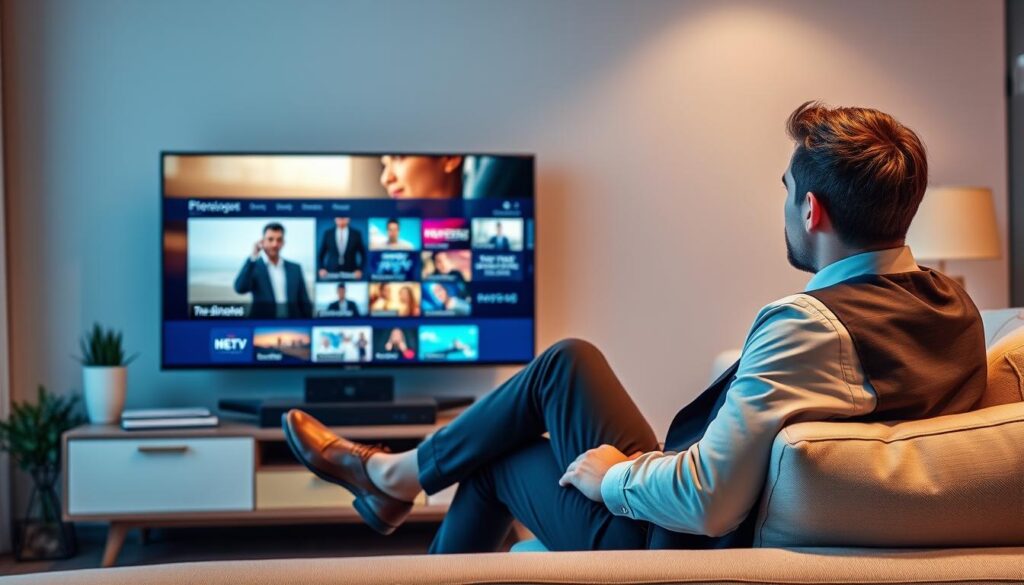 Generate an image of a person enjoying their favorite TV show on a smart TV using Easy IPTV Generate an image of a person enjoying their favorite TV show on a smart TV using Easy IPTV