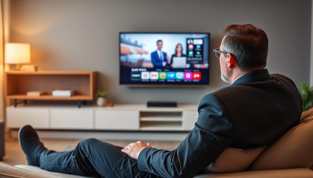 Generate an image of a person enjoying their favorite TV show on a smart TV using Sonix IPTV. Generate an image of a person enjoying their favorite TV show on a smart TV using Sonix IPTV.
