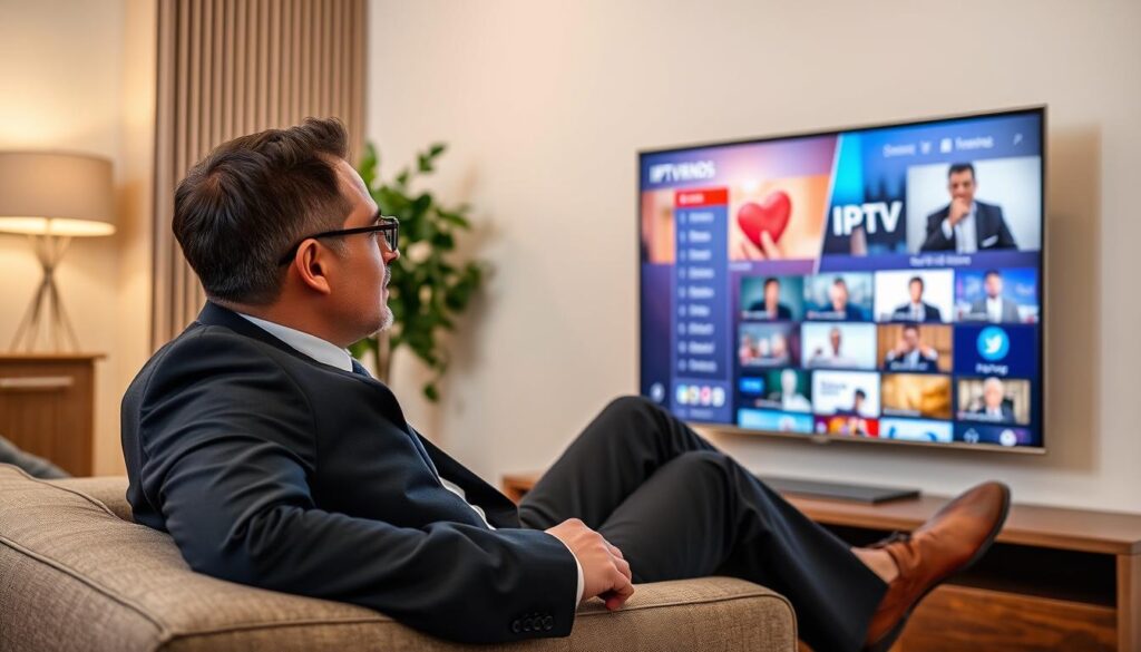 Generate an image of a person enjoying their favorite TV show on a smart TV with IPTV Trends interface on the screen. Generate an image of a person enjoying their favorite TV show on a smart TV with IPTV Trends interface on the screen.