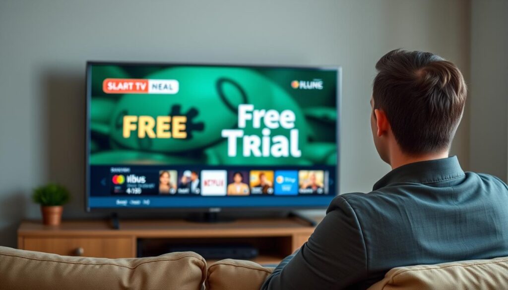 Generate an image of a person enjoying their favorite TV show on a smart TV with a "Free Trial" banner on the screen. Generate an image of a person enjoying their favorite TV show on a smart TV with a "Free Trial" banner on the screen.