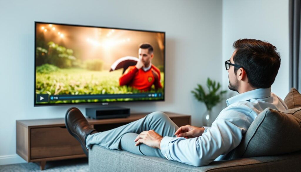 Generate an image of a person enjoying their favorite TV show on a smart TV with a caption "Worthystream IPTV" Generate an image of a person enjoying their favorite TV show on a smart TV with a caption "Worthystream IPTV"