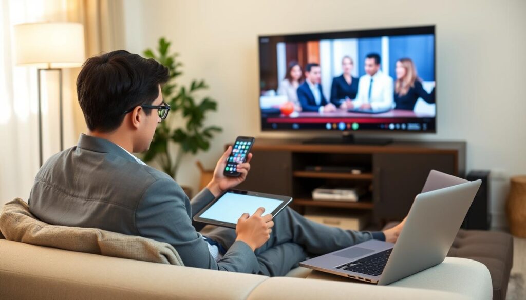 Generate an image of a person enjoying their favorite TV show on multiple devices simultaneously. Generate an image of a person enjoying their favorite TV show on multiple devices simultaneously.