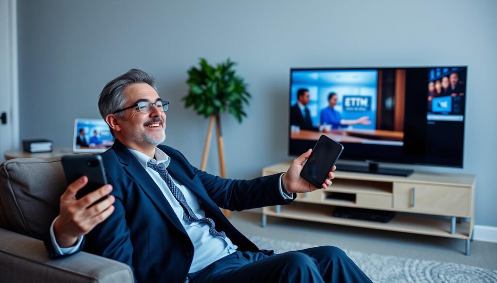 Generate an image of a person enjoying their favorite TV show on multiple devices simultaneously, with a satisfied expression. Generate an image of a person enjoying their favorite TV show on multiple devices simultaneously, with a satisfied expression.