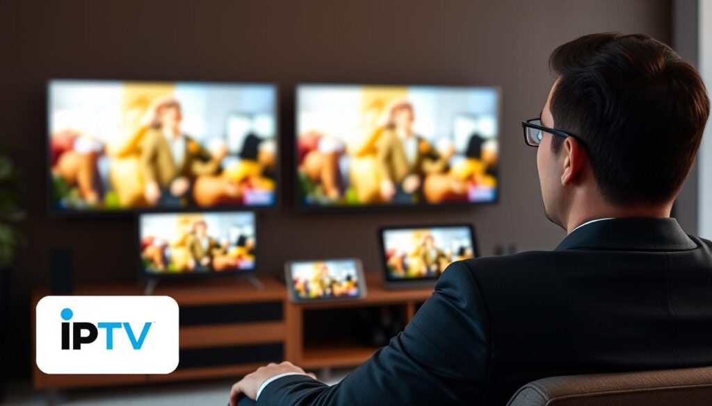 Generate an image of a person enjoying their favorite TV show on multiple devices with IPTVDigi's logo in the corner. Generate an image of a person enjoying their favorite TV show on multiple devices with IPTVDigi's logo in the corner.