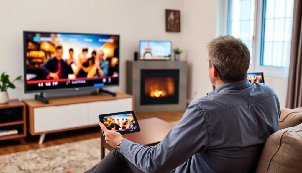 Generate an image of a person enjoying their favorite TV show on multiple devices with a stable streaming connection. Generate an image of a person enjoying their favorite TV show on multiple devices with a stable streaming connection.
