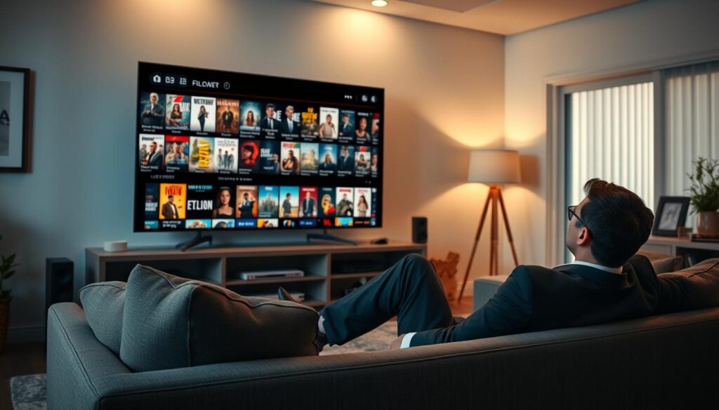 Generate an image of a person enjoying their favorite movie on a large screen TV with a vast library of movies displayed on the screen. Generate an image of a person enjoying their favorite movie on a large screen TV with a vast library of movies displayed on the screen.