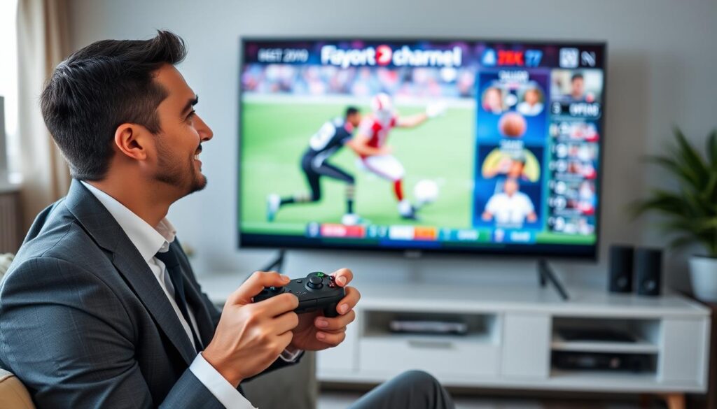 Generate an image of a person enjoying their favorite sports channel on a large screen TV, with a controller in hand and a satisfied expression. Generate an image of a person enjoying their favorite sports channel on a large screen TV, with a controller in hand and a satisfied expression.