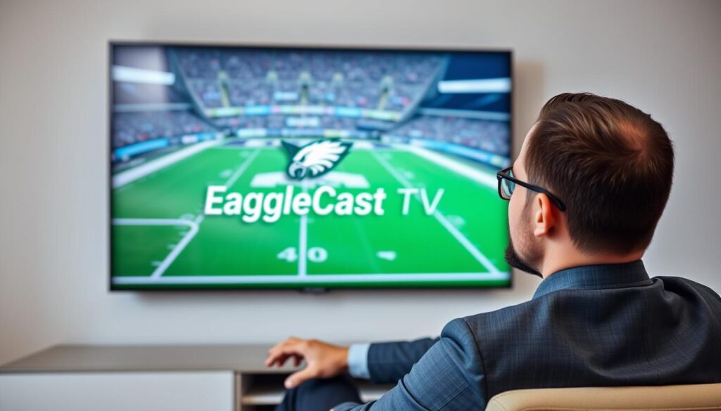 Generate an image of a person enjoying their favorite sports channel on a large screen TV, with a clear view of the EagleCast TV logo on the screen. Generate an image of a person enjoying their favorite sports channel on a large screen TV, with a clear view of the EagleCast TV logo on the screen.