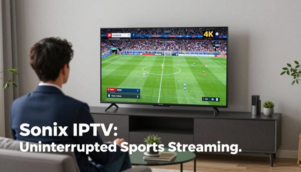 Generate an image of a person enjoying their favorite sports event on a 4K TV, with a caption "Sonix IPTV: Uninterrupted Sports Streaming" Generate an image of a person enjoying their favorite sports event on a 4K TV, with a caption "Sonix IPTV: Uninterrupted Sports Streaming"