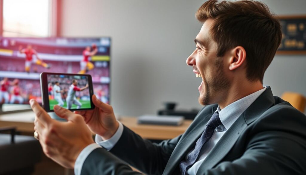 Generate an image of a person enjoying their favorite sports event on multiple devices with XCodes IPTV Generate an image of a person enjoying their favorite sports event on multiple devices with XCodes IPTV