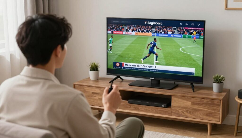 Generate an image of a person enjoying their favorite sports game on EagleCast TV with a high-definition display. Generate an image of a person enjoying their favorite sports game on EagleCast TV with a high-definition display.