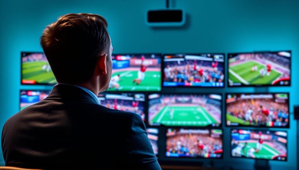 Generate an image of a person enjoying their favorite sports game on EagleCast TV with multiple screens showing different live sports events. Generate an image of a person enjoying their favorite sports game on EagleCast TV with multiple screens showing different live sports events.