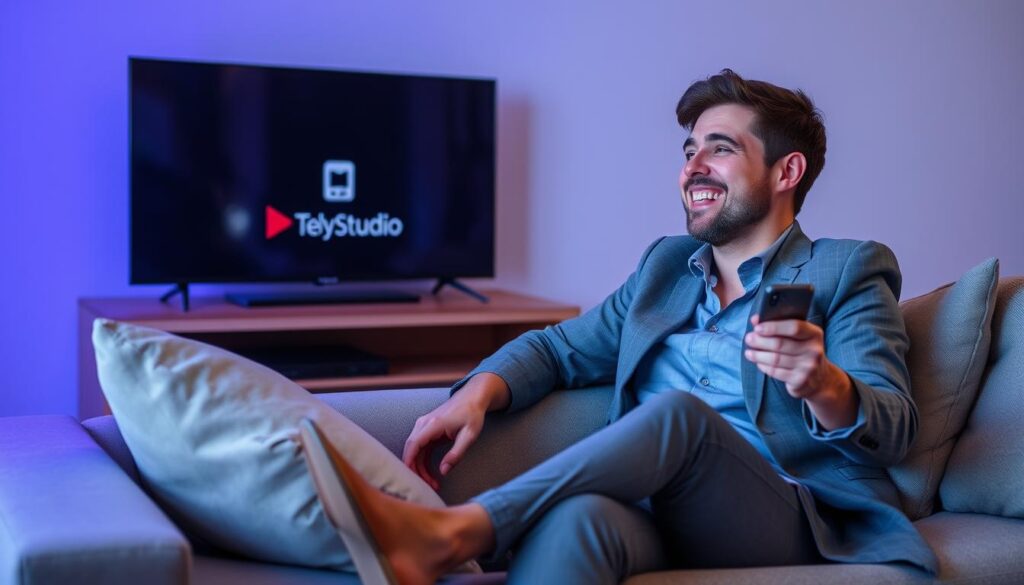 Generate an image of a person happily watching TV on a budget-friendly device with a TellyStudio subscription. Generate an image of a person happily watching TV on a budget-friendly device with a TellyStudio subscription.