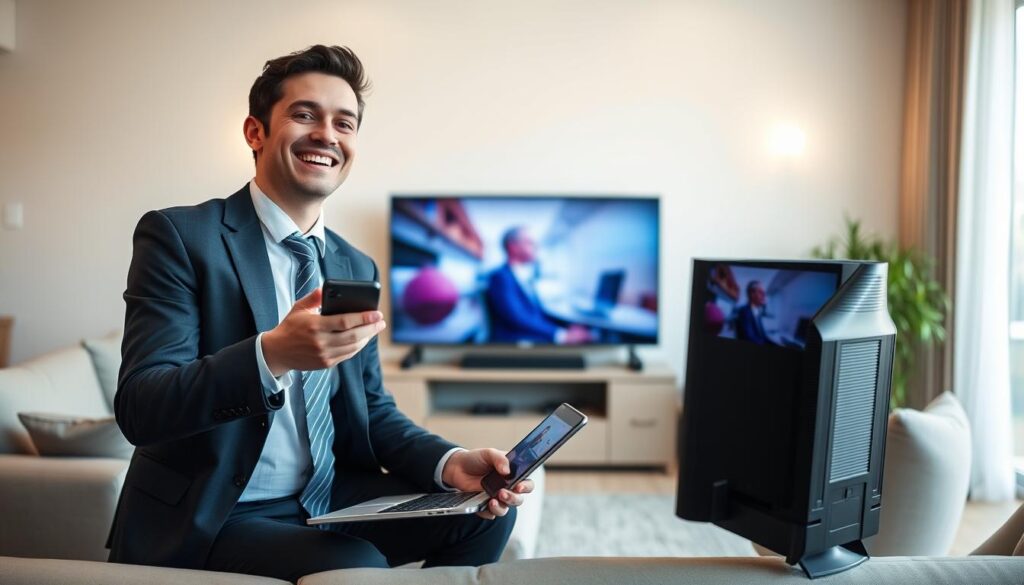 Generate an image of a person happily watching TV on multiple devices Generate an image of a person happily watching TV on multiple devices