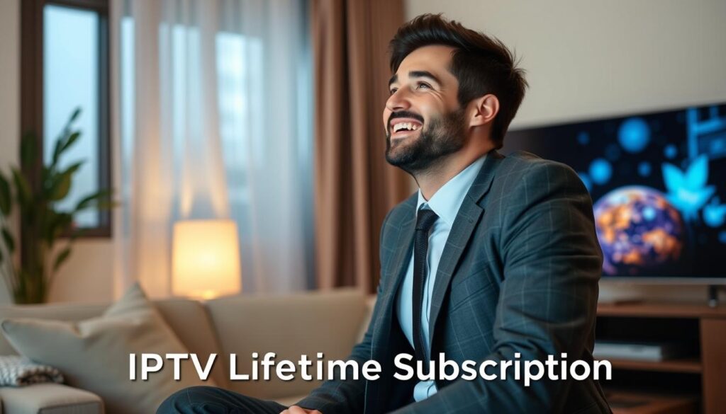 Generate an image of a person happily watching TV with a caption "IPTV Lifetime Subscription" Generate an image of a person happily watching TV with a caption "IPTV Lifetime Subscription"