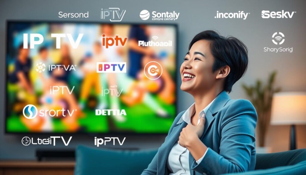 Generate an image of a person happily watching TV with a variety of IPTV service logos in the background. Generate an image of a person happily watching TV with a variety of IPTV service logos in the background.